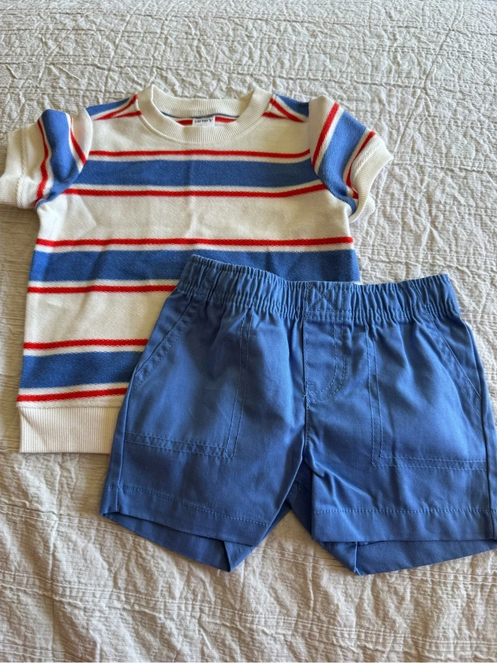 carter’s Striped Cream, Blue & Red Knit Top with Blue Shorts Set